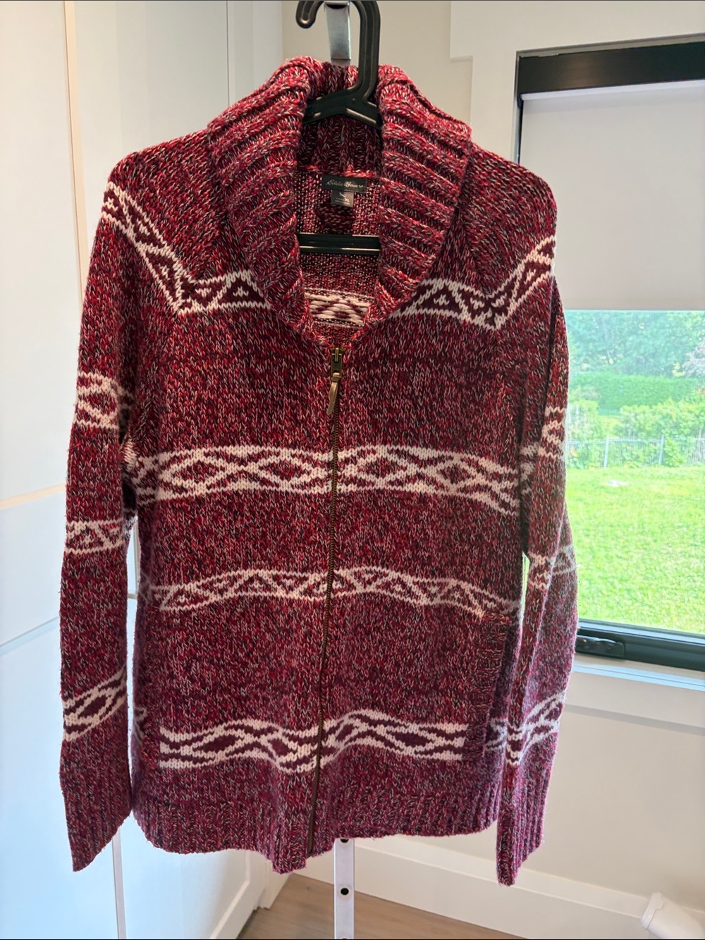 Eddie Bauer Marled Burgundy and White Zip Shawl-Collar Cardigan